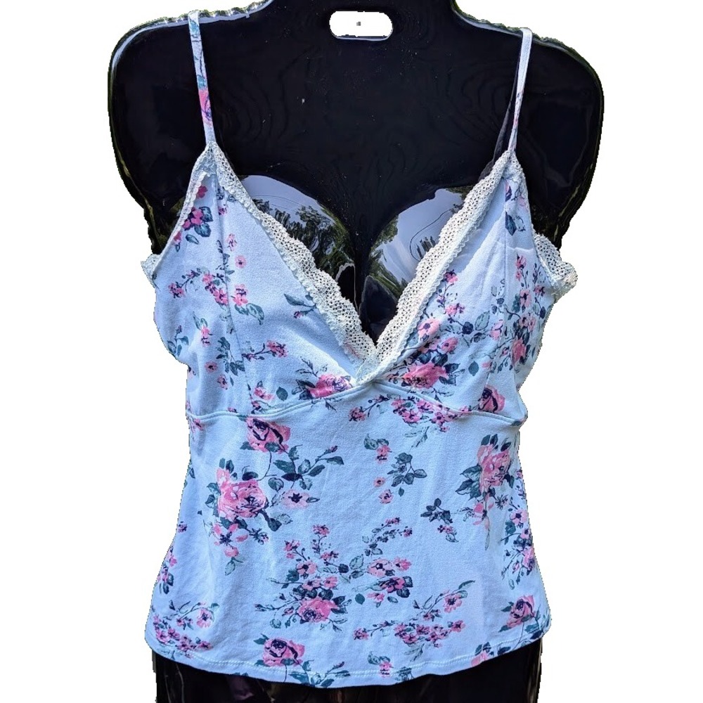 Y2K Babydoll Tank Top L Floral Lace Trim Rose Coquette Fairy Cottagecore Dainty